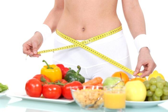 girl measuring waist against background of groceries